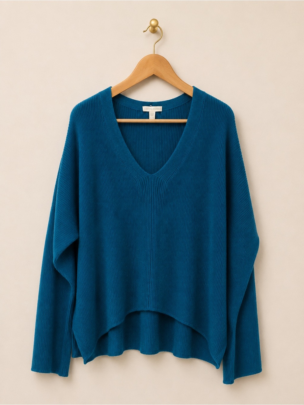 Eileen Fisher Teal Blue Organic Linen Tencel V-Neck High Low Sweater XL